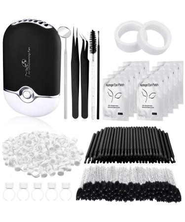 316 PCS Eyelash Extension Supplies, USB Mini Portable Air Conditioning Blower Handheld Dryer Fan Rechargeable Mini Mirror, Tapes, Tweezers, Eyelash Brushes, Micro Brush Applicators (Black)