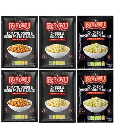 Tomato Onion & Herb Pasta & Sauce 110g x2 with Cheese & Broccoli Pasta & Sauce 110g x2 & Chicken & Mushroom Pasta & Sauce 110g x2 - Bundle Consisting of Ragu 6 Pack