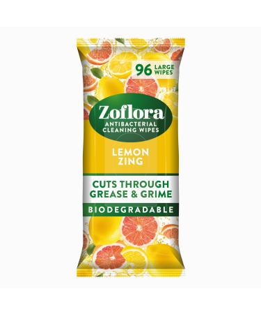 Zoflora Lemon Zing Biodegradable Wipes Antibacterial Multi-surface Cleaning Wipes Convenient Quick Cleaning (Pack of 1 96 Wipes)