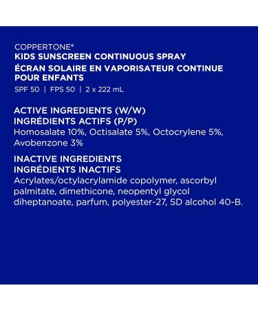 Coppertone Kids Sunscreen Continuous Spray Spf 50 Duo Pack (2 X 222 ml.) Hypoallergenic Sun Protection for Children Water Resistant Face and Body Spray for Kids Spray Value Pack 444 ml. SPF 50 - Spray Continuous Spray 222 ml (Pack of 2) - Buy Online on SooperMarket.com