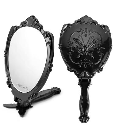 N A Decorative Handheld Compact Mirror- Vintage Handheld Mirror Black-Embossed Butterfly Design Folding Handle- Lightweight & Portable-180 Degrees Full Folding- Vanity Makeup Mirror Travel Mirrors