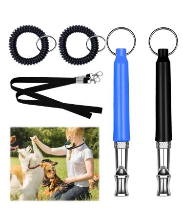 Roinaaid 2 pieces of dog whistle high frequency silently ultrasound dog whistle with the handle band and sprung hand neck band dog whistle to stop and train (black and blue)