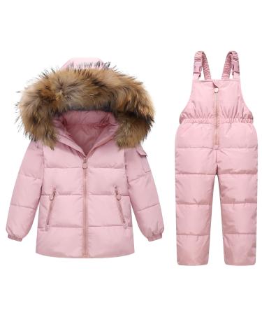 Kids Winter Puffer Jacket and Snow Bib Pants Ski Suits 2-Piece Snowsuit Hooded Down Coat and Snow Pants Outfits Set 18-24 Months Pink
