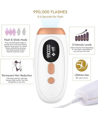 Laser Hair Removal with Cooling System - At-Home IPL Device for Women and Men - Upgraded to 999,900 Flashes - Permanent Hair Removal on Facial, Legs, Arms, Bikini Line - White - Buy Online on SooperMarket.com