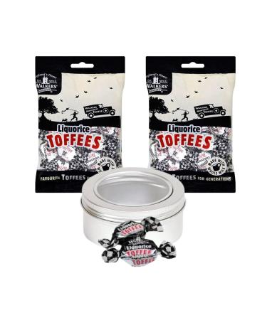 Toffee Sweets Bundle with Walkers Liquorice Flavour x 2 Bags 300g and Silver Window Lid Refillable On-the-Go Travel Tin