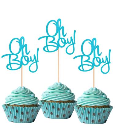ALISSAR 24-Pack Glitter Blue Oh Boy Cupcake Toppers Cupcake Topper Picks for It'a A Boy Baby Shower Party Decoration Supplies