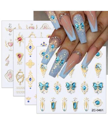 4 Sheets 5D Crystal Soft Glue Embossed Sun Star Nail Stickers for Nail Art with Rhinestones - Colorful Irregular Geometric Flower Butterfly Nail Art Stickers Decals Designs for Women Girls Acrylic