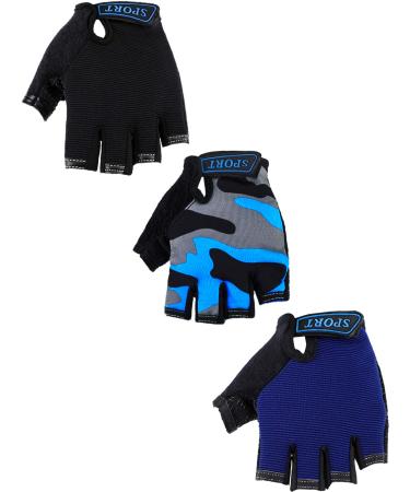 3 pairs children half-finger gloves sport gloves slipproof gel gloves for children cycling ride (blue gray camouflage black 6-10 years tall)