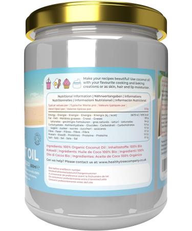 Organic Extra Virgin Coconut Oil for Cooking, Baking, Hair & Skin | 500ml Glass Jar | Cold-Pressed Raw Coconut Oil - TheHealthyTree - Buy Online on SooperMarket.com