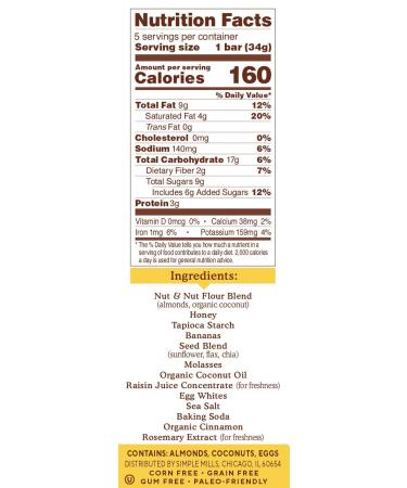 Simple Mills Almond Flour Snack Bars Variety Pack - Nutty Banana Bread & Spiced Carrot Cake - Gluten Free, Organic Coconut Oil, Healthy Breakfast Snacks - 6oz, 5 Count x 3 Pack - Buy Online on SooperMarket.com