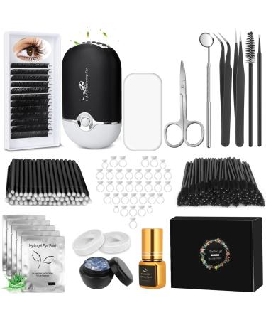 Professional Lash Extension Kit Lash Cleaning Kit with Fan Dryer D Curl Eyelash Extension Glue Remover Tweezers Eye Patches Lash Tech Practice Lash Extension Supplies for Beginners Black