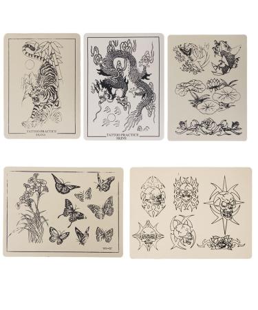 5pcs Tattoo Practice Skin Nontoxic Soft Permanent Makeup Tools For Tattoo Learning Training Summer Stickers(Tiger  Skull  Flower  Lotus   Dragon Tattoos)