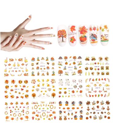 Autumn Nail Stickers Fall Nail Stickers Autumn Maple Leaves Pumpkin Turkey Nail Art Stickers Thanksgiving Themed Water Transfer Nail Decorations 12 Sheets/Set Fall Nail Decals
