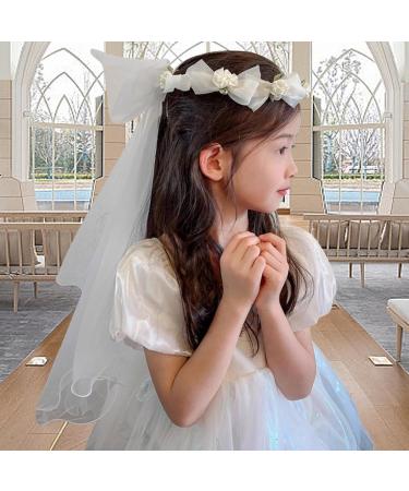 First Communion Veil with Light and Crystal First Holy Communion Veil for Girls White Bow and Flower Crown Lace Veil First Communion Headpiece for Girls First Communion Veil - Buy Online on SooperMarket.com