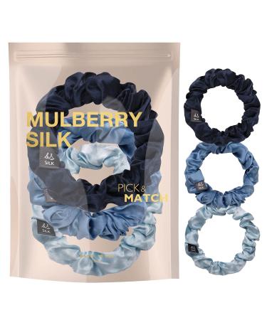 Basic Sense Pure Mulberry Silk Hair Scrunchies Small Pack of 3 for Women and Girls Blue Assortment S (Pack of 3) blue