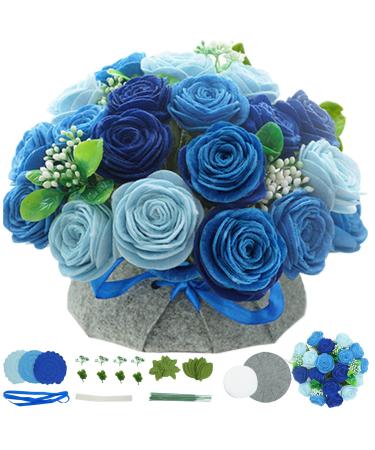 BAZIMA DIY Felt Flower Art Craft Kit  DIY Felt Blue Rose Pot Bonsai Kit  Floral Gifts Beginner Craft Kit Arrange Pre-Cut Felt Flowers and Foliage