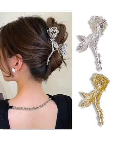 2Pcs Gold Silver Metallic Rose Hair Claw Clips  Medium Size Elegant Rose Floral Leaf Hair Claw Crab Ladies Barrettes Hairgrip Girls Hair Clips Hairpins Headwear OrnamentsWomen with Thick or Thin Hair  Strong Hold  Stylis...