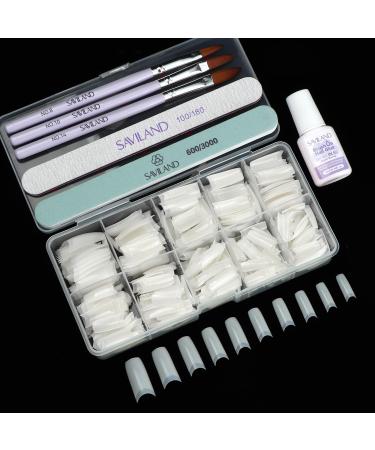 SAVILAND Acrylic Nail Tips with Glue: Half Cover False Nail Tips 10 Sizes for Acrylic Nails Professional French Tips and Acrylic Nail Brush 8/10/14 Fast-Dry Nail Glue & Acrylic Nail Stater Kit Natural