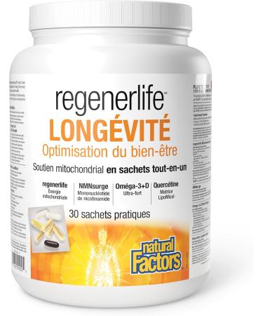 Natural Factors Regenerlife Longevity Wellness Optimization 30 convenient packets All-in-One Daily Packet includes: Mitochondrial Energy NMNSurge Omega-3+D Ultra Strength and Quercetin LiopMicel Matrix Formulated to Support All Aspects of Healthy Aging - Buy Online on SooperMarket.com