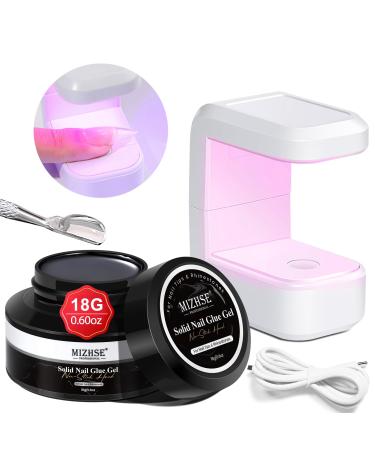 MIZHSE Solid Nail Glue 18g Solid Nail Glue Gel for Nails and Mini U V Light LED Lamp for Nail Cured Solid Gel Nail Glue for Acrylic Nails Nail Tips Long Lasting Rhinestone Glue for Nail Salon A-18g clear with nail lamp