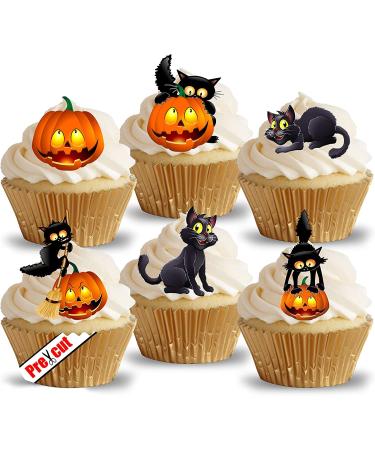 24 x Pre-Cut Cat & Pumpkin Edible Rice/Wafer Paper Cupcake Cake Toppers Halloween Party Birthday Decorations