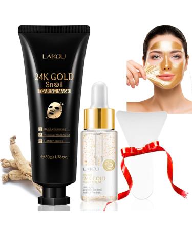 VEROA Peel Off Face Masks With Brush & Gold Serum 24K Gold Face Peel Mask Added Ginseng Extract Deep Skin Clean Purifying Acne for Blackheads Dirt Oil Control Pores Shrinking (50g+17ml)
