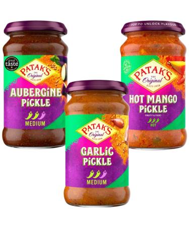 Aubergine Pickle Jar 312g x1 with Garlic Pickle Jar 300g x1 & Hot Mango Pickle Jar 283g x1 - Bundle Consisting of Patak's x3 Pack
