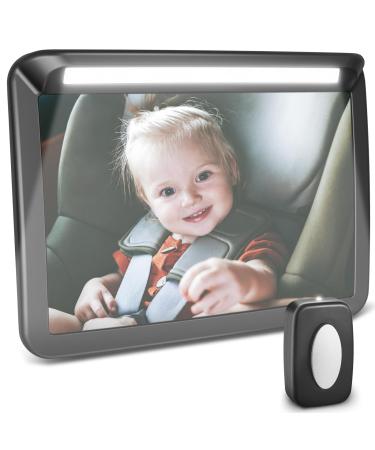 Zacro LED Baby Car Mirror - 3 Brightness Baby Rear View Car Mirror for Backseat with Remote Control - 360 Rotatable Rear Facing Baby Mirror with Dual Strap and Buckles Shatterproof Convex Mirror LED 26CMx19CM