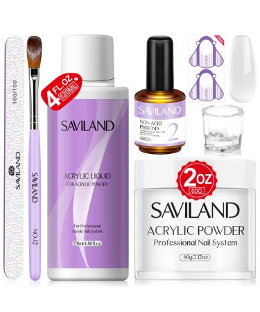 Saviland 6 OZ Acrylic Nail Kit   4 OZ Acrylic Liquid and 2 OZ Clear Acrylic Powder with Acrylic Nail Brush Non-acid PH Bond Nail Tools Set All-in-one Starter Kit for Home DIY Long-lasting Extension Acrylic Nails