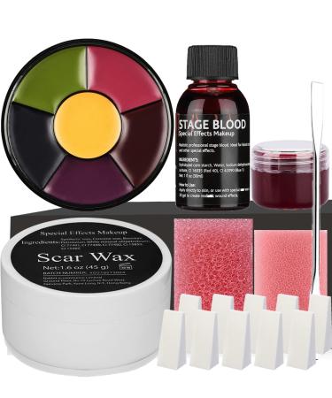 CCbeauty Halloween SFX Makeup Kit 6 Colors Bruise Wheel with Fake Wound Modeling Scar Wax +Spatula+Stage Blood+Coagulated Blood Gel+Stipple Sponge 10 Sponge for Special Effects Stage Costume Makeup 04
