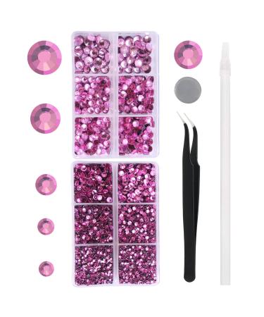 6616PCS Hot Pink Hotfix Rhinestones Crystal Gems Glass for Tumblers Clothes Shirts Glitter Flat Back Round with Tweezers and Picking Pen (SS6 SS30)