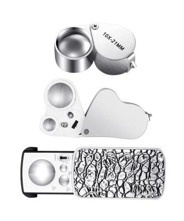 3 Pieces Jewelers' Loupe, 30X 60X 90X Illuminated Jewelers Eye Loupe Magnifier, Portable Loupe Magnifier with UV Black Light, with 10x Loupe Magnifier for Jewelry Coins Gems Stamps Watches Rocks
