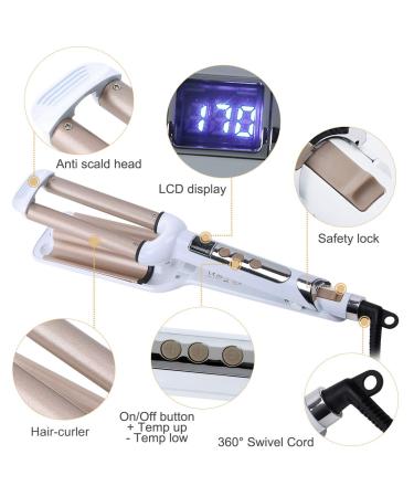 Professional Ceramic Hair Crimper Iron 3 Barrel 0.6 inch - Instant Curls & Crimping Hair Curling Iron - Valentines Day Gift for Women - Gold & White - Buy Online on SooperMarket.com