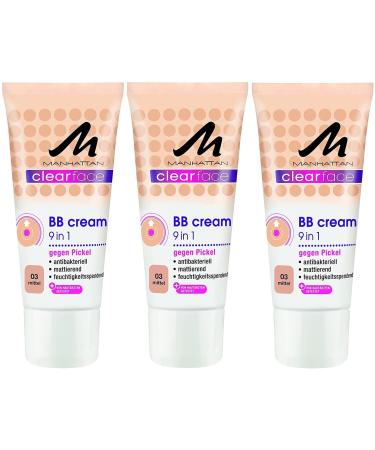 Manhattan Clearface BB Cream 9 In 1 Antibacterial Against Pimples 03 Medium Pack of 3 (3 x 25ml)