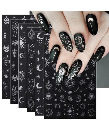 JMEOWIO 8 Sheets Moon Star Sun Nail Art Stickers Decals Self-Adhesive Silver Nail Supplies Nail Art Design Decoration Accessories