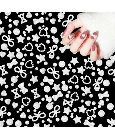 Pearl Nail Charms 500PCS Mixed Styles Star Bow Bowknot Pearl Love Heart Nail Gems 3D White Pearls Nail Art Decorations for Nail Art Design DIY Crafting Jewels Accessories (White) A White