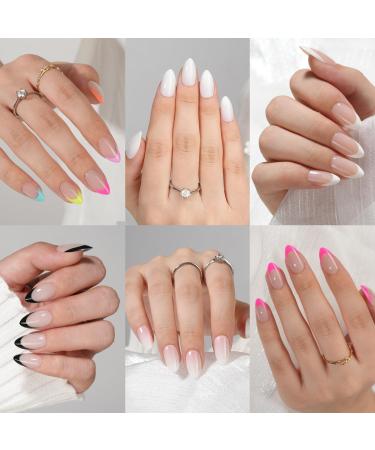 6 Packs Press On Nails Almond Misssix French Tip Press On Nails Short Reusable Glue On Nails Gel Fake Nails for Women Stick On Nails Kit 15 Sizes-6 styles in total 6in1-Nails-A