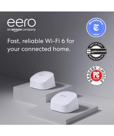 Amazon eero 6 mesh Wi-Fi system | Supports speeds up to 500 mbps | Connect to Alexa | Coverage up to 3,000 sq. ft. | 2-pack, one router + one extender, 2020 release 1 router + 1 extender