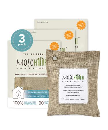 MOSO NATURAL Air Purifying Bag 200g (3 Pack). A Scent Free Odor Eliminator for Cars, Closets, Bathrooms, Pet Areas. Premium Moso Bamboo Charcoal Odor Absorber. (Natural Beige)