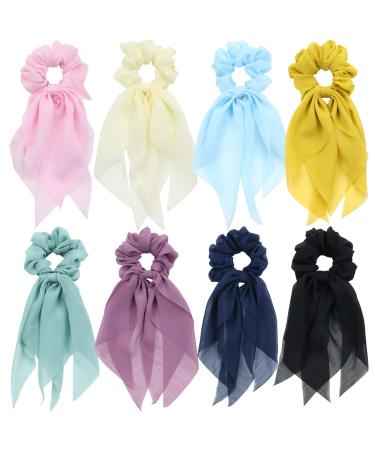 8 Pack Colorful Solid Plain Long Chiffon Ribbon Hair Bows for Girls Silk Scrunchies Hair Ties for Thick Hair Ponytail Holders Headbands Elastics Rubber Scarf Hairbands 90s Hair Accessories for Women