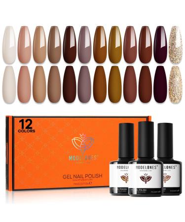 Modelones Gel Nail Polish 12 Pcs Fall Winter Gel Polish Popular Neutral Nude Brown Gel Nail Kit Collection for Nail Art Salon Classic Collection Gift for Women Brown Nude