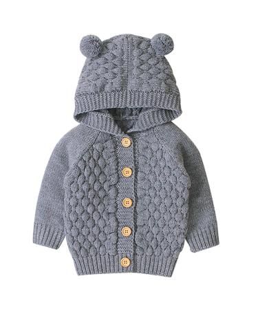 puseky Baby Boys Girls Knit Sweater Hooded Ears Warm Cardigan Coat Tops Jacket Outwear 12-18 Months Grey