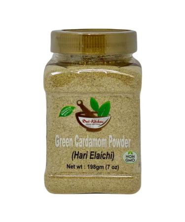 Desi Kitchen Spices All Natural | Salt Free | Vegan | NON GMO | Pure Green Cardamom Powder (Hari Elaichi) 198gm (7oz) With Freshness and Aroma Guaranty.