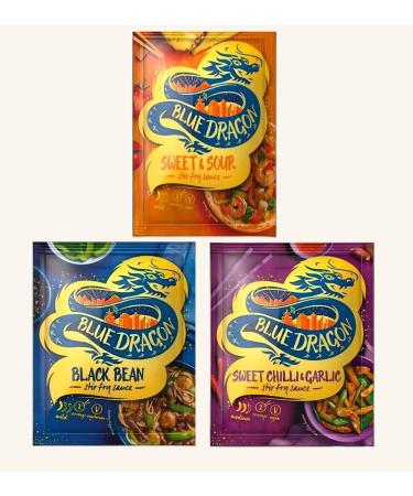 Blue Dragon Stir Fry Sauce Sachet - Black Bean Sweet & Sour Sweet Chilli & Garlic (120g Pack of 3)