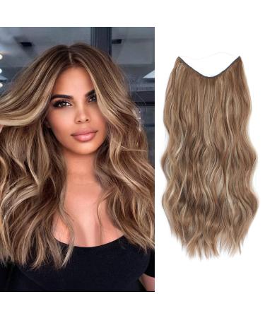 One piece Invisible Wire Hair Extensions Clip in Natural Wavy Synthetic Hair Extension with Transparent Wire Adjustable Size 2 Secure Clips Headband Long Curly Secret Hair Pieces for Women 16inch Brown mix Blonde
