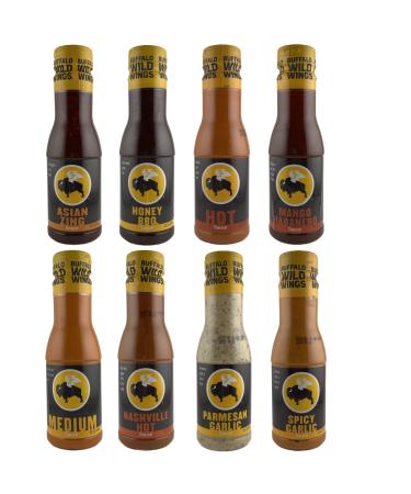 Buffalo Wild Wing Sauce Variety 8 Pack- Garlic Parmesan Wing Sauce, Mango Habanero Sauce, Nashville Hot Sauce, Asian Zing Sauce, Medium, Spicy Garlic, Honey BBQ, and Hot Buffalo Wild Wings Sauces.