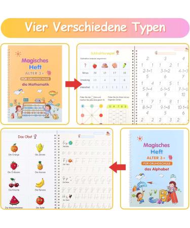 Qianshouyan 4-Piece German Magical Booklet Set | Reusable Handwriting Exercise Book with Pen for Kids | 26x18cm Calligraphy Numbers Drawing & Letters Learning - Buy Online on SooperMarket.com