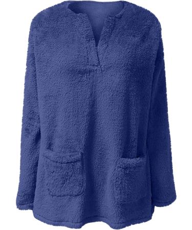 AMhomely Women's Double Fleece Hooded Jumper - Plus Size Soft Teddy Fleece Casual Hoodie with Pocket, V Neck Sweatshirt - Winter Lounge Wear - Dark Blue, Size M - Buy Online on SooperMarket.com