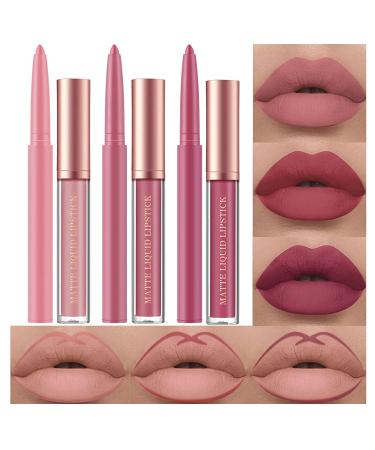 6Pcs Matte Liquid Lipstick Lip Liner Set Velvety Nude Lipstick Stay On 24 Hours Waterproof Non-Stick Cup Not Fade Liquid Lipstick Lipliner Make Up Gift Set (Set A)