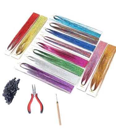 Hair Tinsel Strands,12 Colors 3200 Strands 46inches Glitter Hair Tinsel Extensions Pliers Pulling Hook Tool Kits Hairpin Silicone Bead Micro Rings for Fairy Hair Tinsel Extensions 12Color-Hair Tinsel
